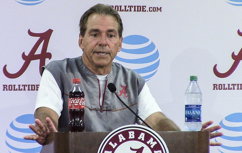 Alabama coach Nick Saban talks about Alabama's first football practice of the season, Thursday, Aug. 4, 2016, in Tuscaloosa, Ala. (Vasha Hunt/AL.com via AP)