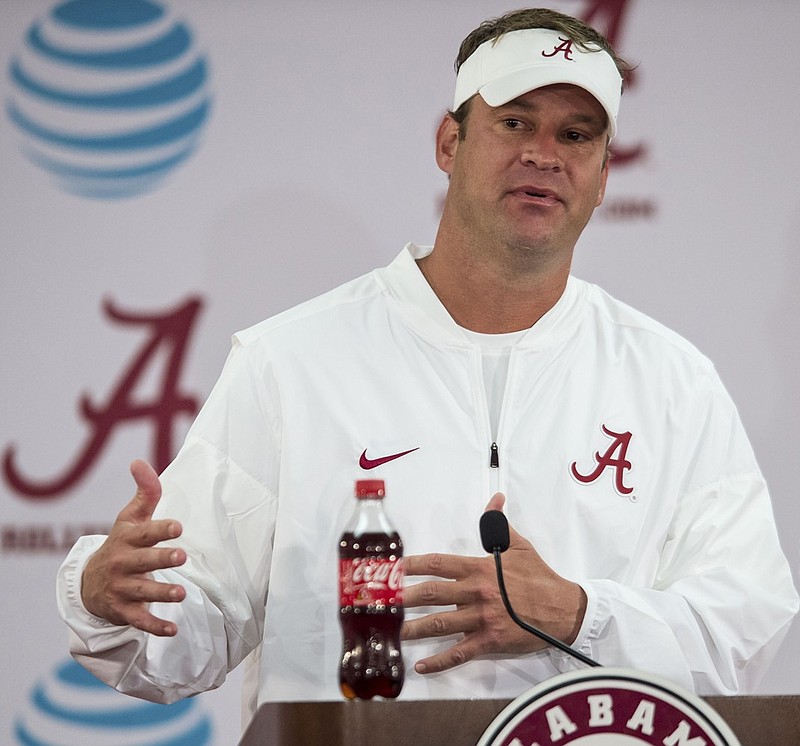 Alabama offensive coordinator Lane Kiffin discusses the upcoming season during the Crimson Tide's media day on Sunday in Tuscaloosa. Alabama opens Sept. 3 against USC, the program with which Kiffin spent part of 10 seasons as either an assistant or the head coach.