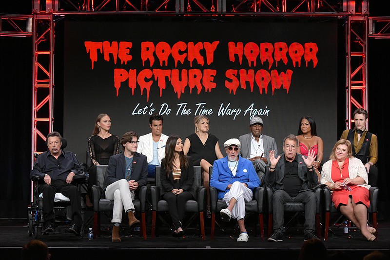 
              Ivy Levan, back row from left, Staz Nair, Annaleigh Ashford, Ben Vereen, Christina Milian and Reeve Carney, and front row from left, Tim Curry, Ryan McCarten, Victoria Justice, executive producer Lou Adler, executive producer/director/choreographer Kenny Ortega, and executive producer Gail Berman participate in the panel for "The Rocky Horror Picture Show" during the Fox Television Critics Association summer press tour on Monday, Aug. 8, 2016, in Beverly Hills, Calif. (Photo by Richard Shotwell/Invision/AP)
            