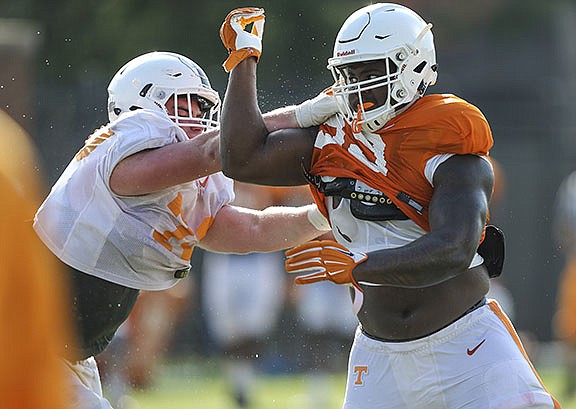 KNOXVILLE, TN - AUGUST 06, 2016 - defensive lineman Kahlil McKenzie #99 of the Tennessee Volunteers during Fall camp practice on Haslam Field in Knoxville, TN. Photo By Donald Page/Tennessee Athletics