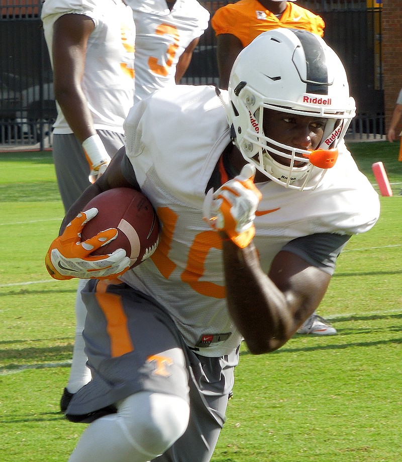 Wide receiver Tyler Byrd runs upfield after catching a punt during Tennessee's practice at Haslam Field on Aug. 10, 2016.
