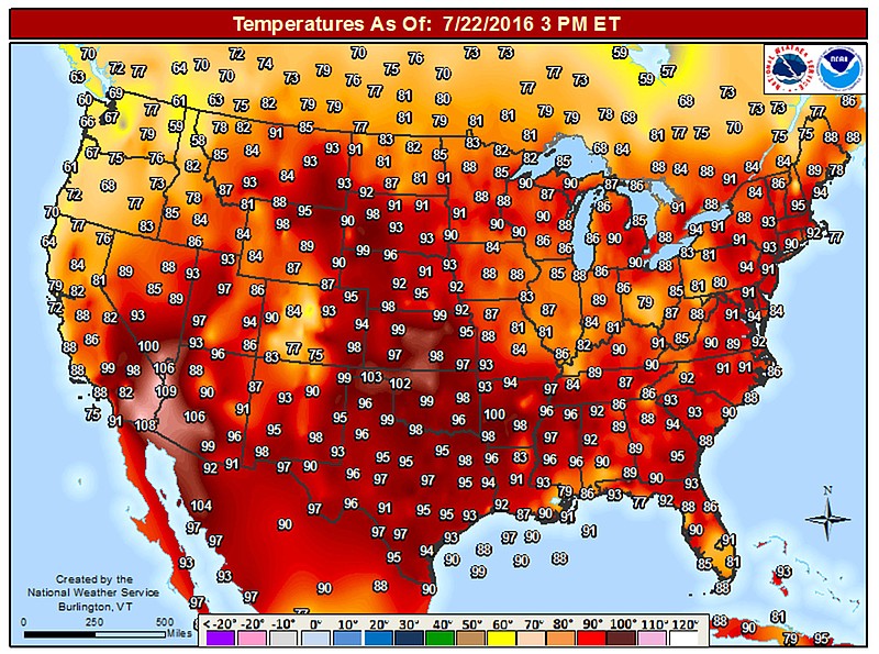 
              This image provided by the National Weather Service shows temperatures in the continental United States as of 3 p.m. on Friday, July 22, 2016. The weather service outlook for the following three months shows above normal temperatures across the country. (National Weather Service via AP)
            