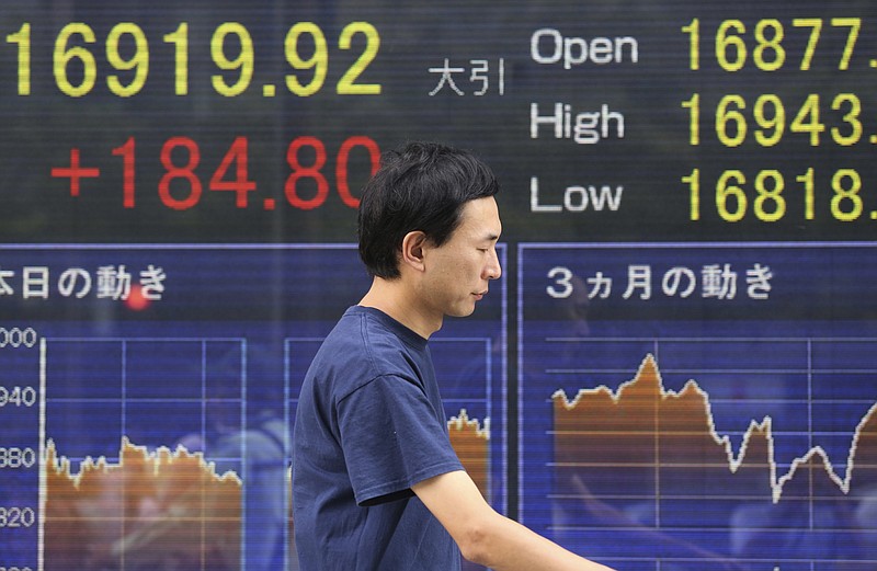 
              A man walks by an electronic stock board of a securities firm in Tokyo showing Japan's Nikkei 225 stock index that rose 184.80 points or 1.10 percent to close at 16,919.92, Friday, Aug. 12, 2016. Asian shares rose Friday, tracking the rally in U.S. stocks that was driven by strong gains by energy companies and retailers. Rising oil prices also lifted sentiment. The retailers' earnings fueled optimism for the U.S. government's latest monthly tally of retail sales Friday. (AP Photo/Koji Sasahara)
            