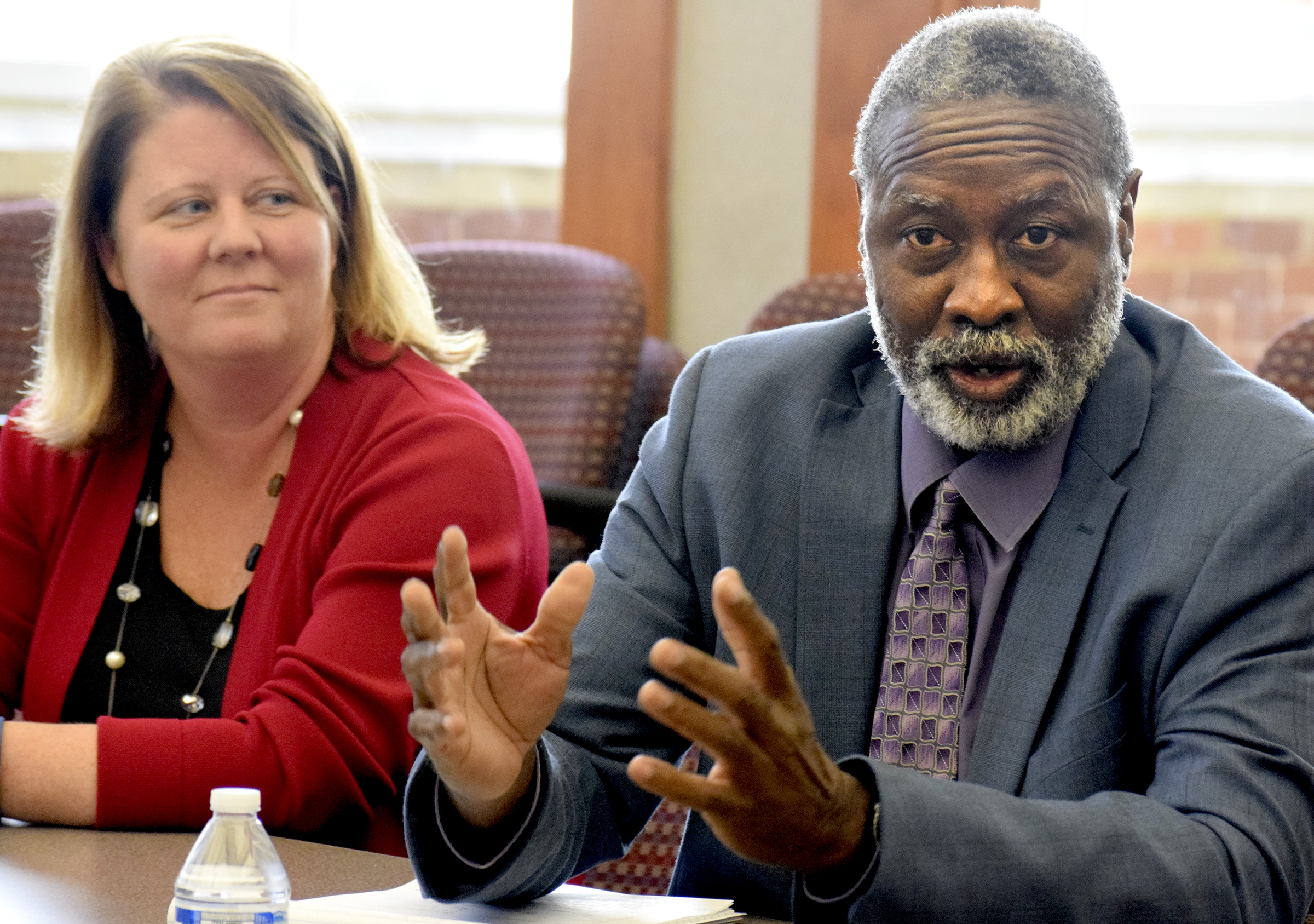 Hamilton County Department of Education Interim Superintendent, Kirk Kelly (right), makes a point while Chief Academic Officer, Jill Levine, looks on. Members of the Hamilton County Department of Education visited the Chattanooga Times Free Press to discuss goals for the 2016 school year.