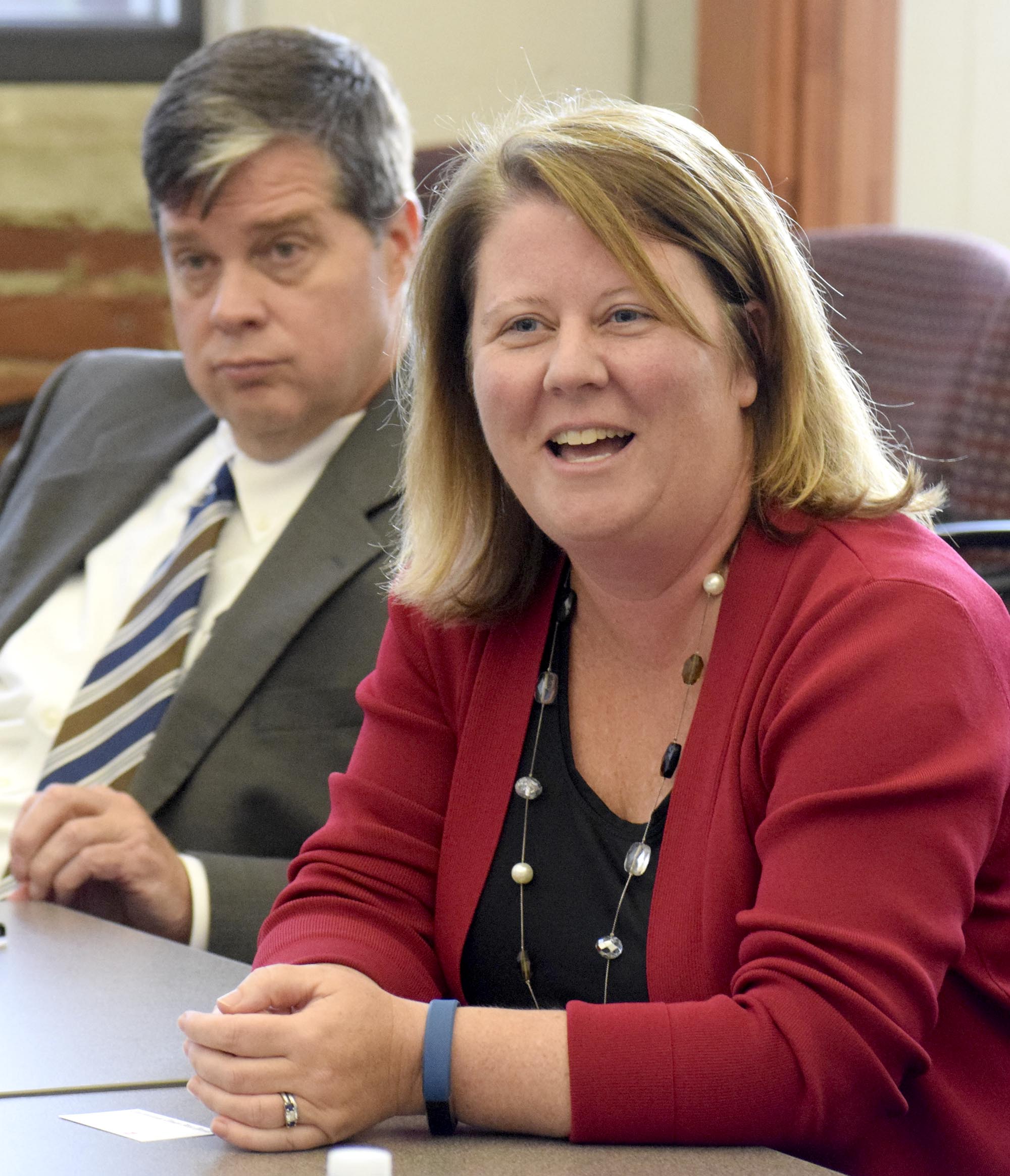 Hamilton County Department of Education Chief Academic Officer, Jill Levine, makes a point while Assistant Superintendent, Lee McDade looks on. Members of the Hamilton County Department of Education visited the Chattanooga Times Free Press to discuss goals for the 2016 school year.