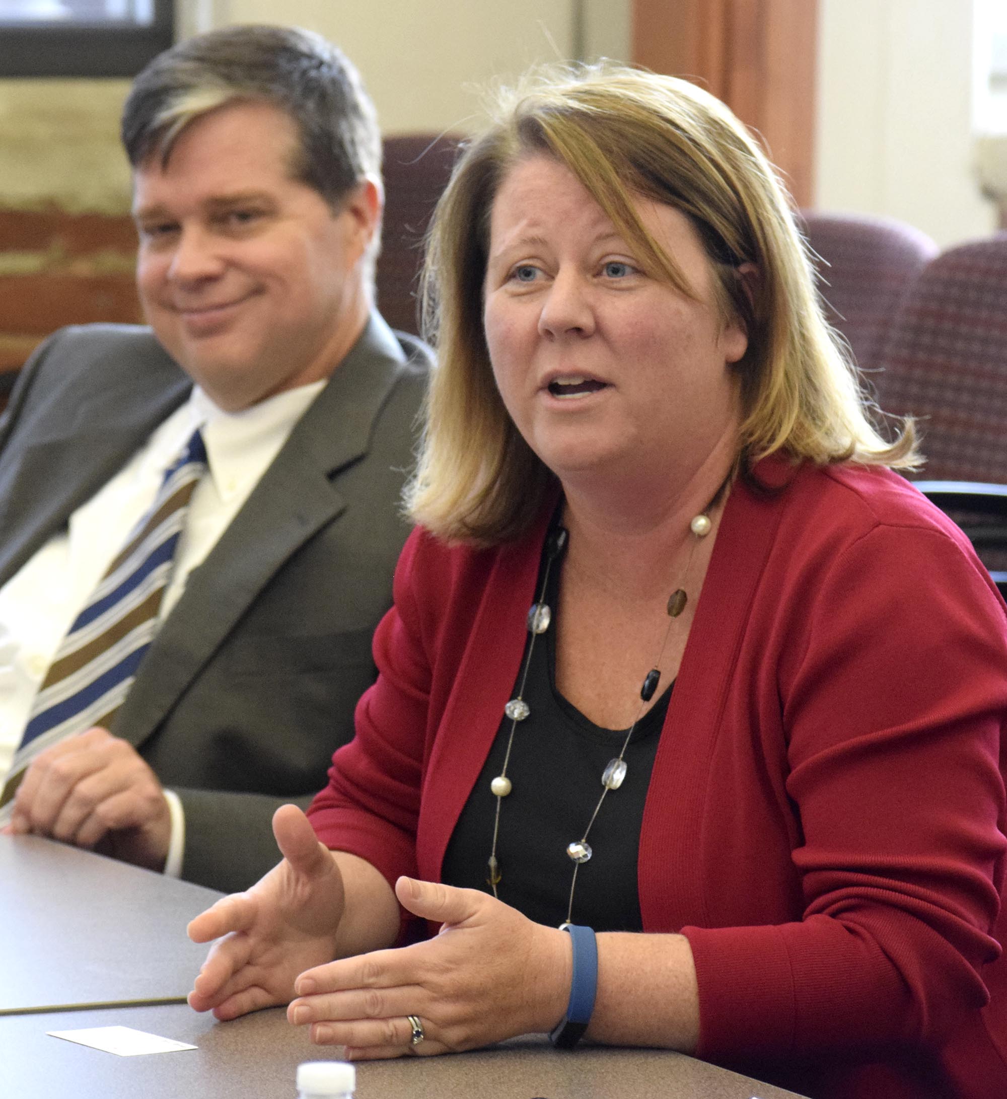 Hamilton County Department of Education Chief Academic Officer, Jill Levine, makes a point while Assistant Superintendent, Lee McDade looks on. Members of the Hamilton County Department of Education visited the Chattanooga Times Free Press to discuss goals for the 2016 school year.