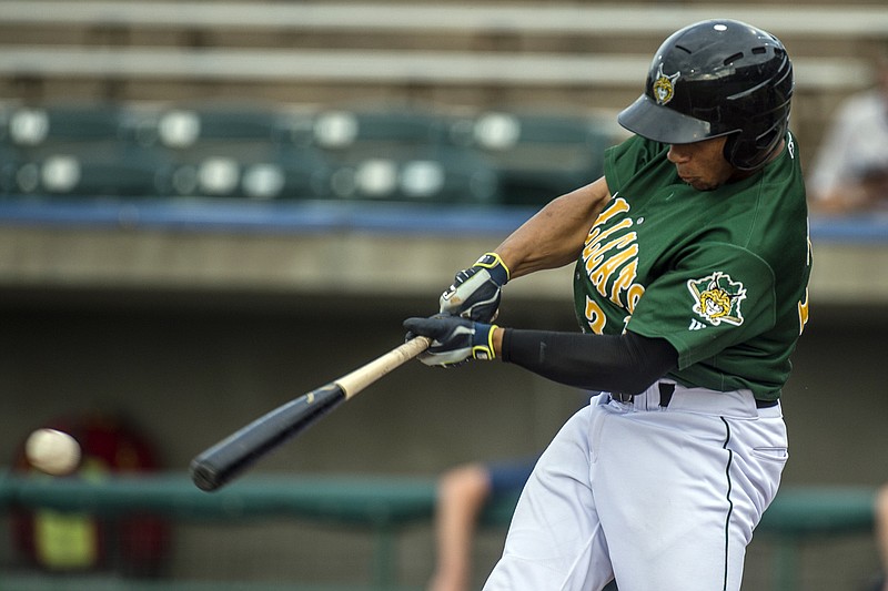 
              In this Monday, Aug, 1, 2016, photo, Lynchburg Hillcats' Francisco Mejia hits a single, extending his hitting streak to 43 games, during the first inning of a minor league baseball against the Potomac Nationals in Lynchburg, Va. The Cleveland Indians catching prospect is a modern-day Joe DiMaggio riding a 48-game hitting streak, that ranks as the eighth-longest in baseball history and the longest since 1954. (Lathan Goumas/News & Daily Advance via AP)
            