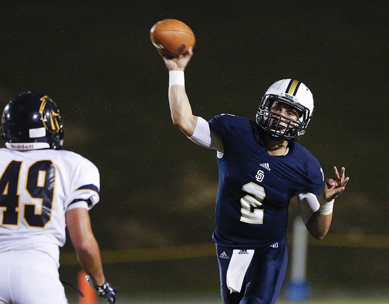 Soddy-Daisy quarterback Justin Cooke passes the ball during their prep football game against Walker Valley on Friday, Oct. 9, 2015, at Soddy-Daisy High School in Soddy-Daisy, Tenn.