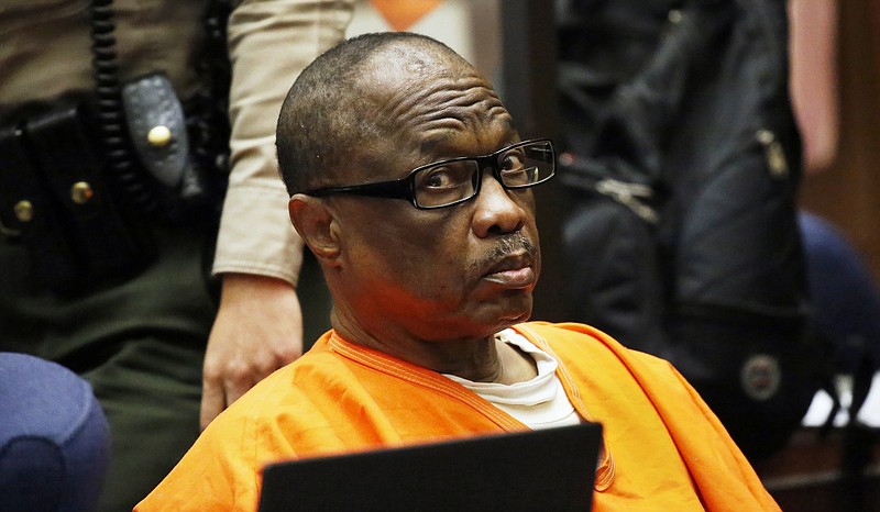 
              FILE - In this Aug. 10, 2016, file photo, Lonnie Franklin Jr., a convicted serial killer known as the "Grim Sleeper," is sentenced in Los Angeles Superior Court. Franklin was sentenced to death for 10 Los Angeles murders that spanned decades, but one of the detectives in the case said he thinks they will continue to turn over new evidence against him. (Al Seib/Los Angeles Times via AP, Pool, File)
            
