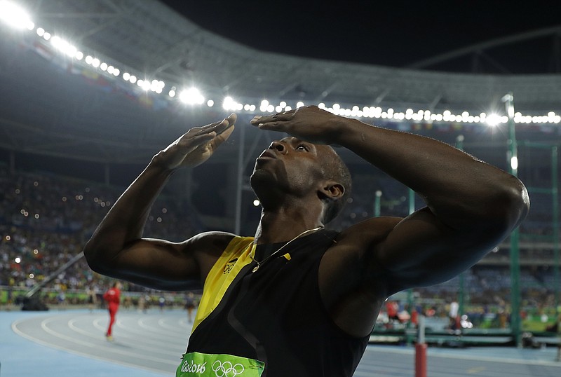 Jamaica's Usain Bolt celebrates after winning the gold medal during the men's 100-meter final during the athletics competitions in the Olympic stadium of the 2016 Summer Olympics in Rio de Janeiro, Brazil, Sunday, Aug. 14, 2016.