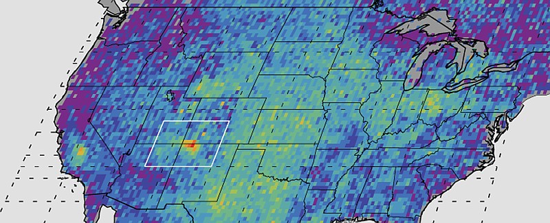 
              FILE - This undated handout image provided by NASA/JPL-Caltech/University of Michigan, shows the Four Corners area, in red, left, the major U.S. hot spot for methane emissions in this digital map, showing how much emissions varied from average background concentrations from 2003-2009. Dark colors are lower than average; lighter colors are higher. A puzzling concentration of the greenhouse gas methane over the Southwestern United States appears to come mostly from leaks in natural gas production, scientists said Monday, Aug. 15, 2016. (NASA, JPL-Caltech, University of Michigan via AP, File)
            