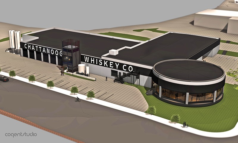 This is an architect's rendering of the new, 46,000-square-foot Chattanooga Whiskey Co. distillery and barrel storage facility under construction inside the former Newton Chevrolet building at the corner of M.L. King Boulevard and Riverfront Parkway.