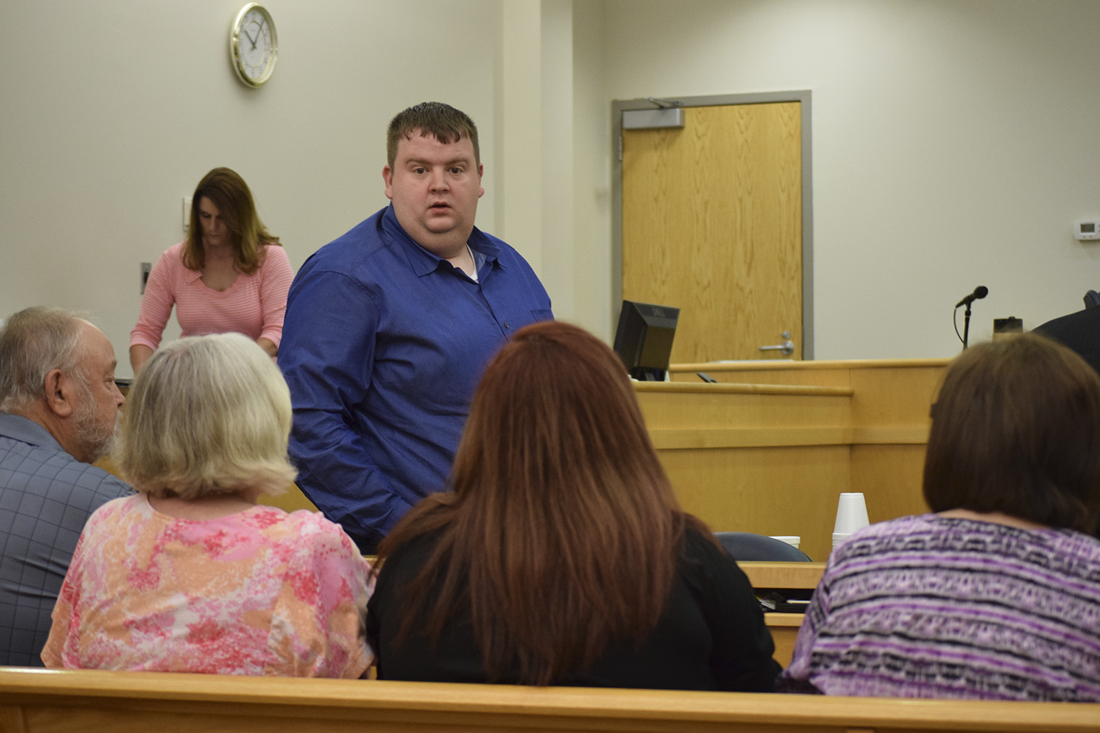 Christopher E. Russell, on trial in Marion County, Tenn., in the 2012 death of his infant son, takes the stand on Wednesday while the jury is out of the courtroom to discuss his decision on testifying on his own behalf. Russell decided not to testify, exercising his Fifth Amendment rights.