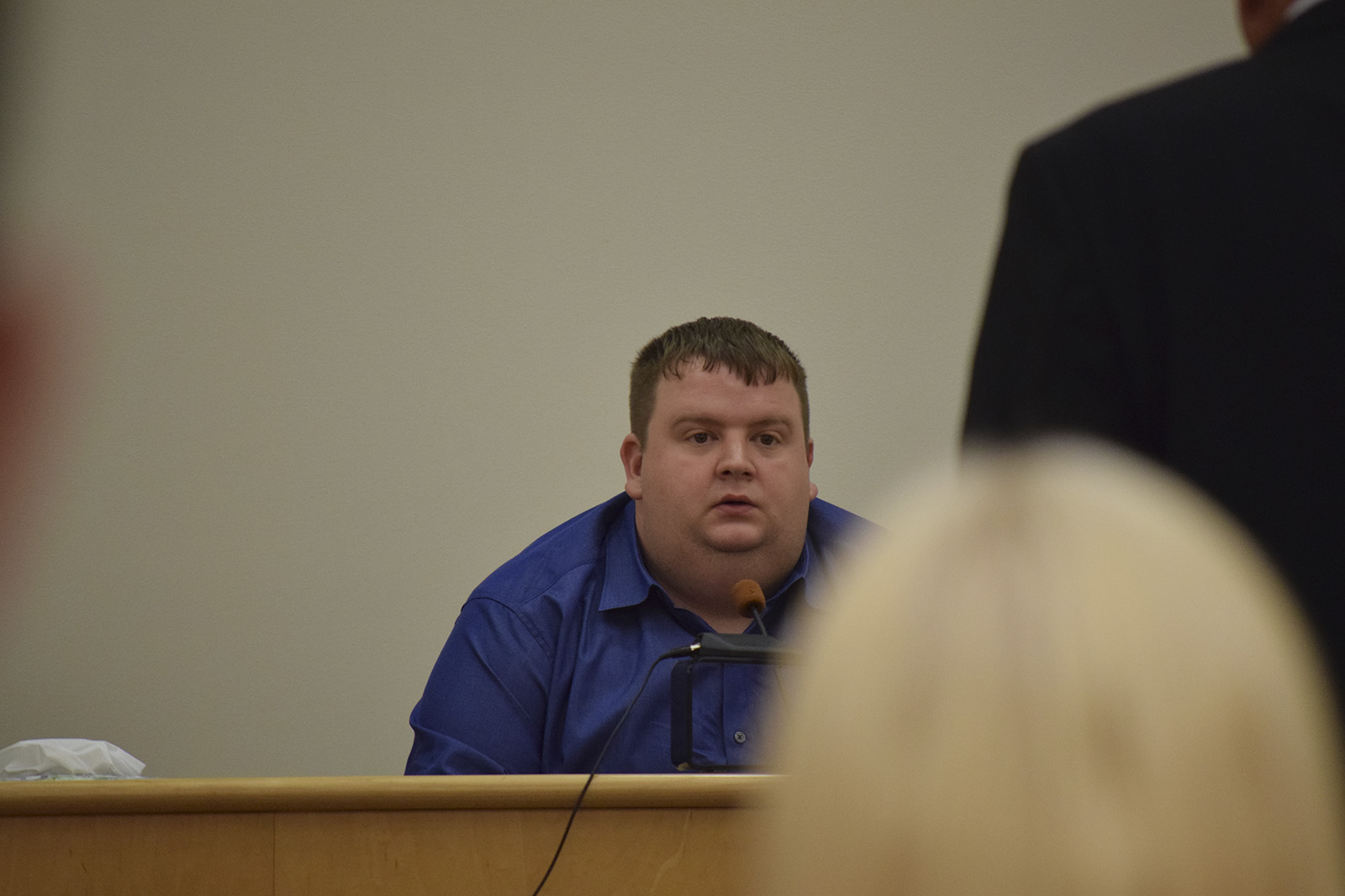 Christopher E. Russell, on trial in Marion County, Tenn., in the 2012 death of his infant son, takes the stand on Wednesday while the jury is out of the courtroom to discuss his decision on testifying on his own behalf. Russell decided not to testify, exercising his Fifth Amendment rights.