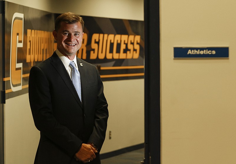 David Blackburn, Vice Chancellor and Director of Athletics for The University of Tennessee at Chattanooga, stands in McKenzie Arena where his office is located.