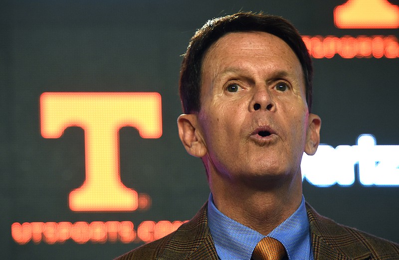 
              FILE - In this Feb. 25, 2016, file photo, Tennessee athletic director Dave Hart speaks during a press conference in Knoxville, Tenn. Tennessee athletic director Dave Hart says he is retiring effective June 30 after a five-year run in which he managed the consolidation of the men's and women's athletic departments while also dealing with plenty of controversy. (Adam Lau /Knoxville News Sentinel via AP, File)
            