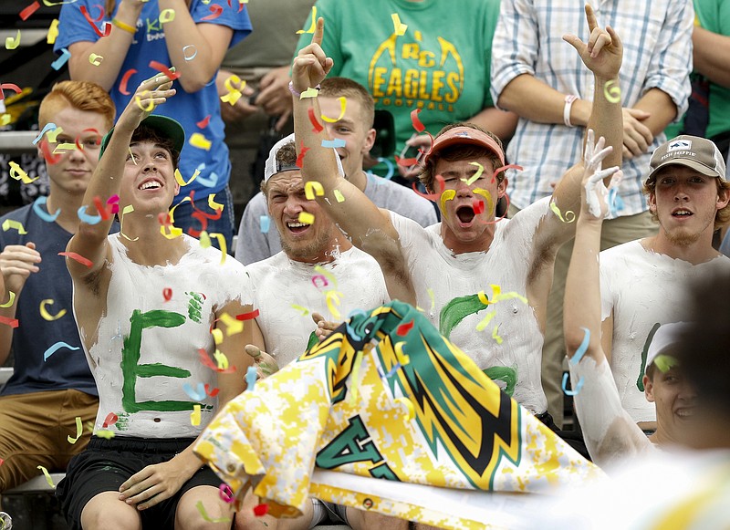 Rhea County fans cheer as their team takes the field for their prep football game against Baylor at Baylor School on Friday, Aug. 19, 2016, in Chattanooga, Tenn.