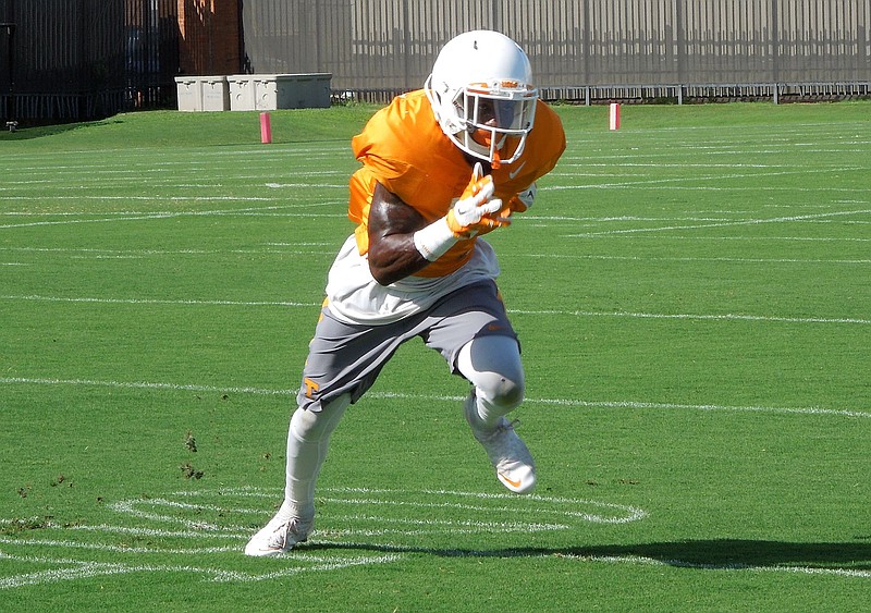 Defensive back Rashaan Gaulden completes a drill during Tennessee's practice at Haslam Field on Aug. 18, 2016.