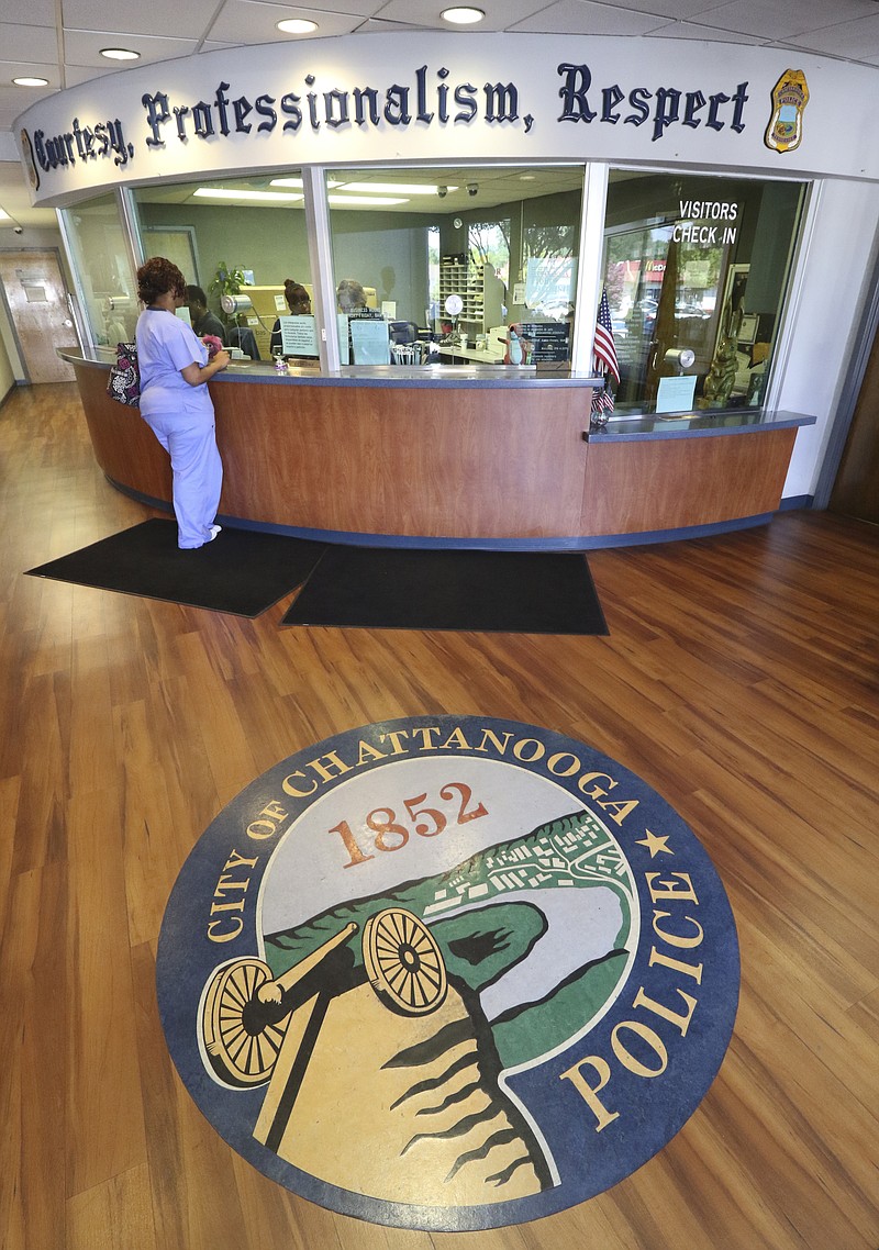 Staff Photo by Dan Henry / The Chattanooga Times Free Press- 8/17/16. The main lobby at the Chattanooga Police Services Center on Wednesday, August 17, 2016. The CPD will soon use reserve police officers in jobs like manning the front desk at the Amnicola Highway headquarters. 