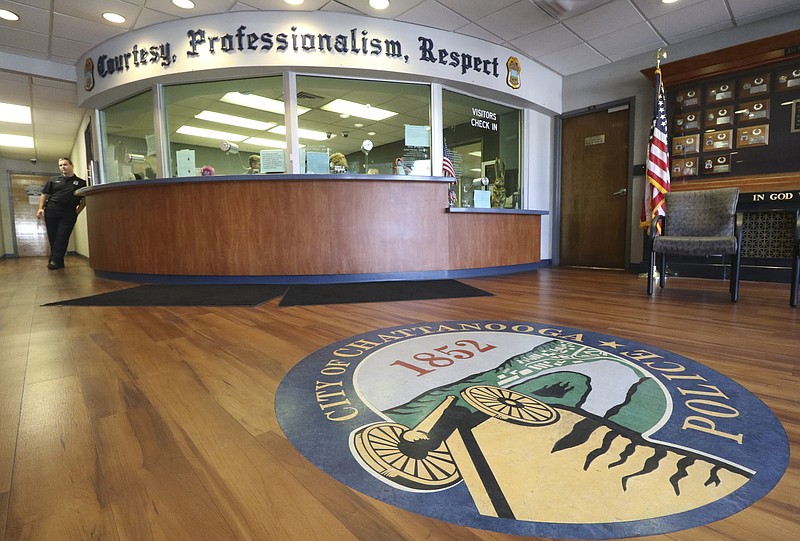 Staff Photo by Dan Henry / The Chattanooga Times Free Press- 8/17/16. The main lobby at the Chattanooga Police Services Center on Wednesday, August 17, 2016. The CPD will soon use reserve police officers in jobs like manning the front desk at the Amnicola Highway headquarters. 