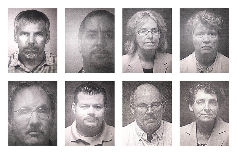 
              This combination of undated booking photos provided by the Michigan Attorney General's Office on Friday, Aug. 19, 2016 shows current and former state employees under prosecution for their role in Flint, Mich.’s lead-contaminated water crisis. First row from left are Patrick Cook, Michael Glasgow, Corinne Miller, Nancy Peeler. Second row from left, are Michael Prysby, Adam Rosenthal, Robert Scott and Liane Shekter-Smith. (Michigan Attorney General's Office via AP)
            