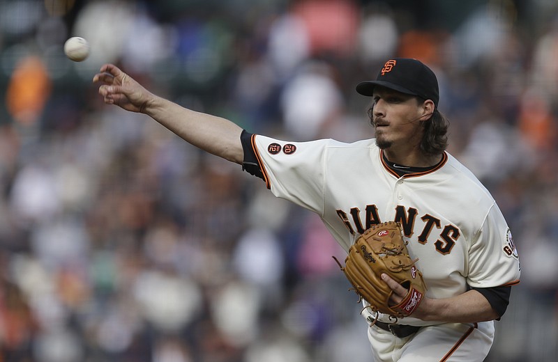 
              San Francisco Giants pitcher Jeff Samardzija works against the New York Mets in the first inning of a baseball game, Sunday, Aug. 21, 2016, in San Francisco. (AP Photo/Ben Margot)
            