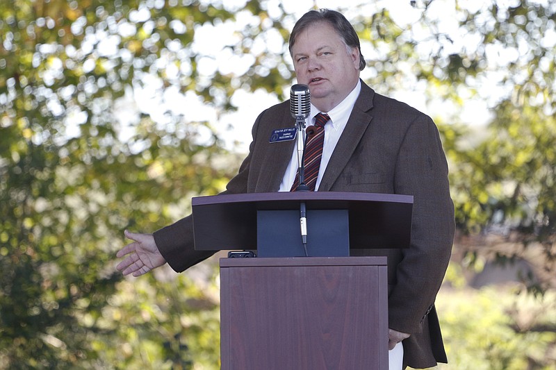 Staff Photo by Dan Henry / The Chattanooga Times Free Press- 10/15/15. Senator Jeff Mullis speaks on Thursday, October 15, 2015 to officials and guests who gathered on the new Vanguard site in Trenton for an announcement that the Semi-trailer manufacturing plant is bringing 400 jobs to Dade County.