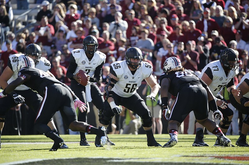 Vanderbilt fifth-year senior offensive lineman and former Baylor School standout Barrett Gouger (56) is expected to start at center next Thursday against South Carolina after making 10 starts last season at right guard.