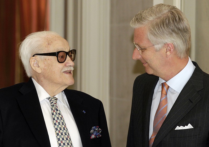 
              FILE - In this May 6, 2014 file photo, Belgium's King Philippe speaks with Belgian jazz musician and harmonica player Toots Thielemans, left, at the Royal Palace in Laeken near Brussels.  Belgian media reported on Monday, Aug. 22, 2016, that legendary jazz harmonica player Toots Thielemans has died at the age of 94. (AP Photo/Yves Logghe, File)
            