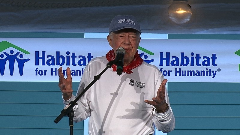 Former U.S. President Jimmy Carter holds a morning devotion in Memphis, Tenn., on Monday, Aug. 22, 2016, before he and his wife Rosalynn help build a home for Habitat for Humanity.