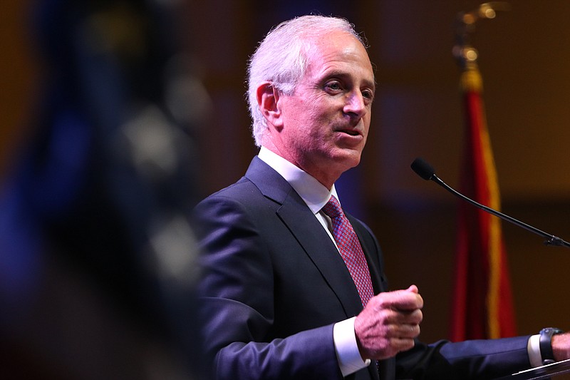 Staff Photo by Dan Henry / The Chattanooga Times Free Press- 8/24/16. Senator Bob Corker speaks during the Chattanooga Area Chamber of Commerce's annual meeting on Wednesday, August 24, 2016. 