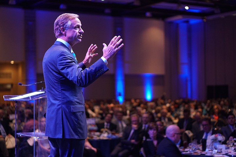 Staff Photo by Dan Henry / The Chattanooga Times Free Press- 8/24/16. Tennessee Governor Bill Haslam speaks during the Chattanooga Area Chamber of Commerce's annual meeting on Wednesday, August 24, 2016. 