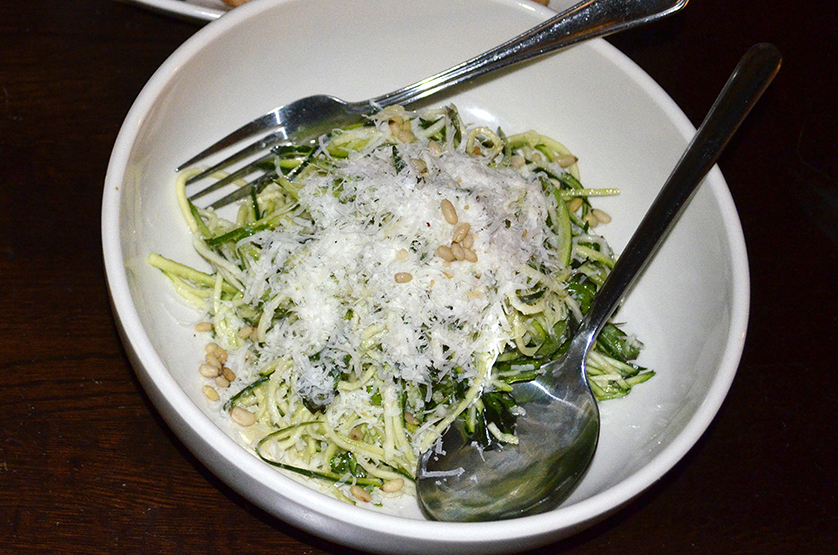 Zuchinni noodles with basil, pine nuts and grilled Gulf shrimp make up the secondi course.