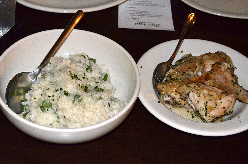 The "portata principale" (main dish) is composed of lemon pepper and thyme roast chicken and green bean risotto.