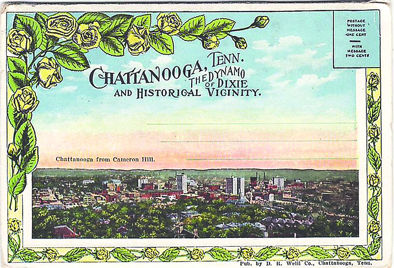 A vintage postcard of Chattanooga highlighting the "Dynamo of Dixie" slogan.  