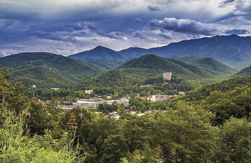 Skyline Of Gatlinburg Tennessee With A Great Smoky Mountain Background