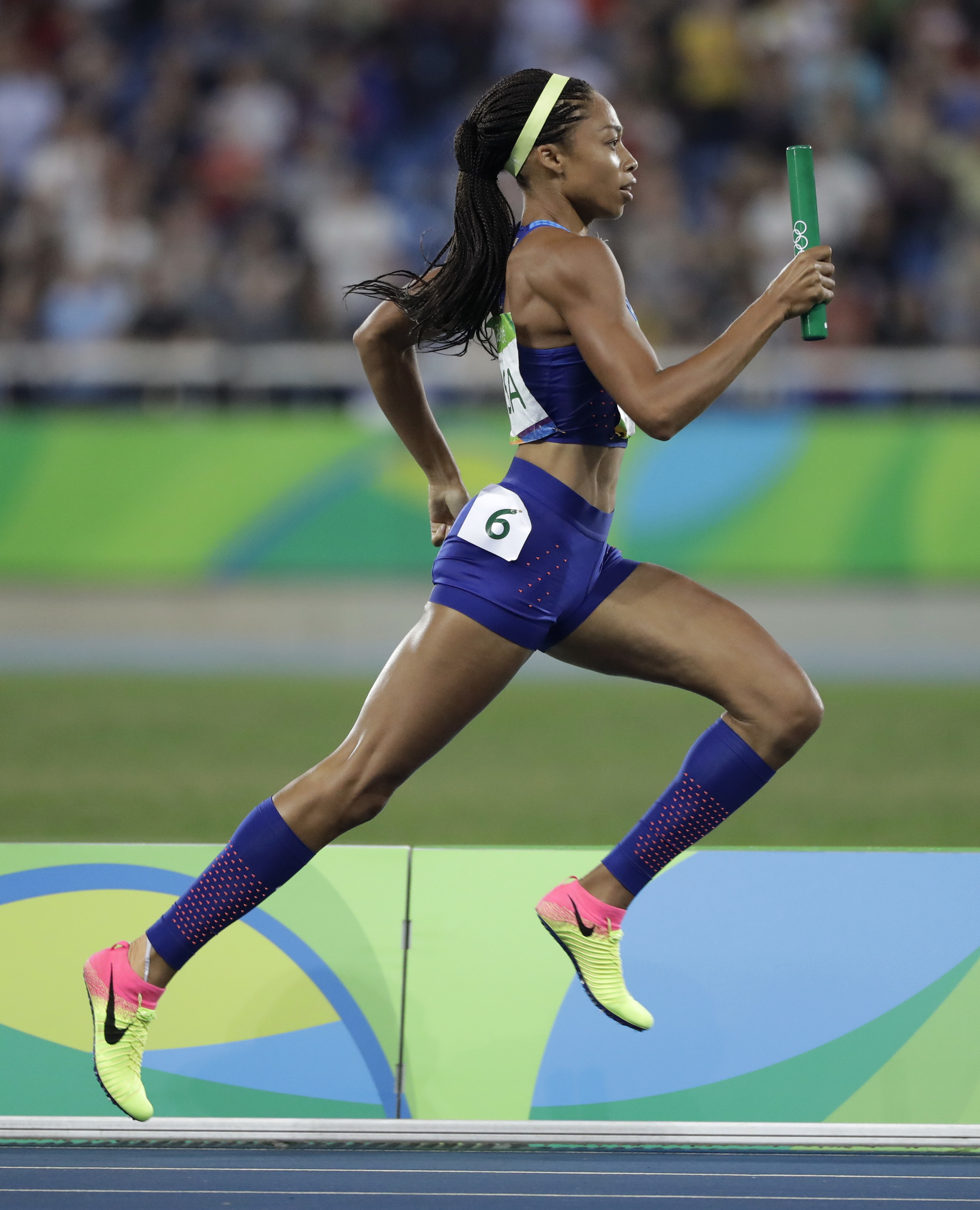 United States' Allyson Felix runs the final leg of the women's 4x400 meter relay during athletics competitions at the Summer Olympics inside Olympic stadium in Rio de Janeiro, Brazil, Saturday, Aug. 20, 2016. (AP Photo/Jae C. Hong)