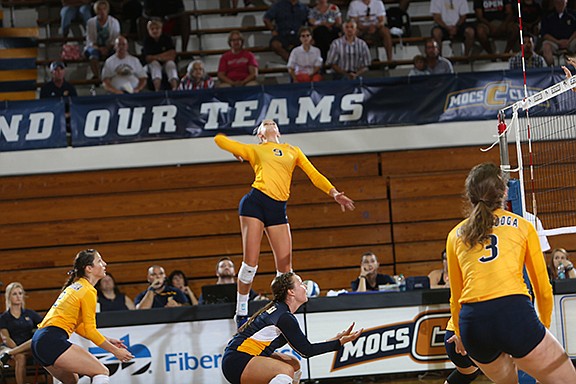 UTC senior outside hitter Allie Davenport prepares to hit the ball during Sunday's 3-0 victory against Cal State Fullerton at Maclellan Gym.