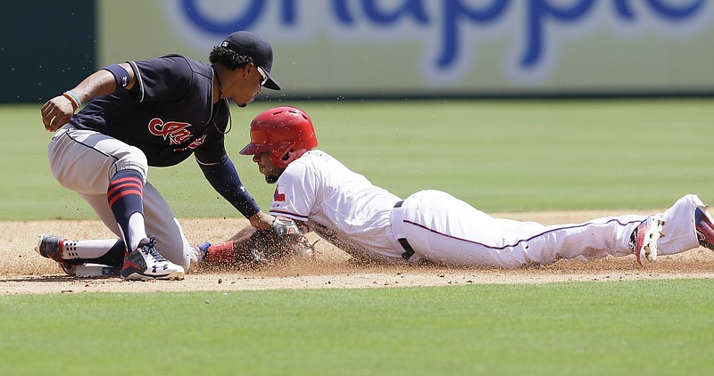 
              Texas Rangers Elvis Andrus, right, steals second base against Cleveland Indians shortstop Francisco Lindor during the third inning of a baseball game in Arlington, Texas, Sunday, Aug. 28, 2016. Andrus was originally called out on the play but it was overturned after a video review. (AP Photo/LM Otero)
            