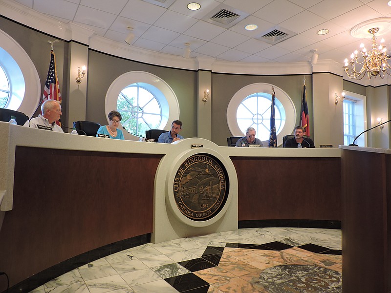 Ringgold City Council discusses city business at Ringgold City Hall. From left are Councilman Larry Black, Councilwoman Sarah Clark, Mayor Nick Millwood, Vice Mayor Terry Crawford and Councilman Jake Haynes.