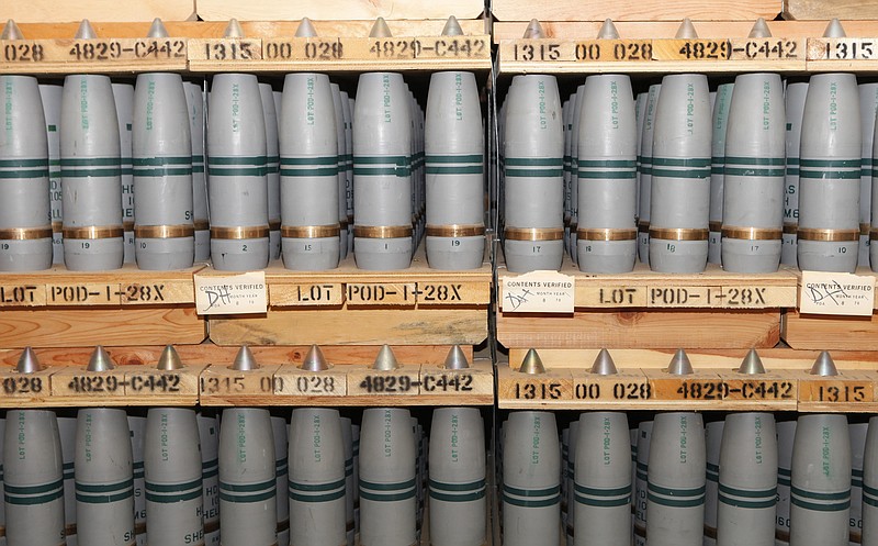 
              FILE- In this Jan. 21, 2010, file photo, 105mm shells are shown that contain mustard agent where they are stored in a bunker at the Army's Pueblo Chemical Storage facility in Pueblo, Colo. On Wednesday, Aug. 31, 2016, the U.S. Army said it plans to start operating a $4.5 billion plant next week that will destroy the nation's largest remaining stockpile of mustard agent, complying with an international treaty banning chemical weapons. (AP Photo/Ed Andrieski, File)
            