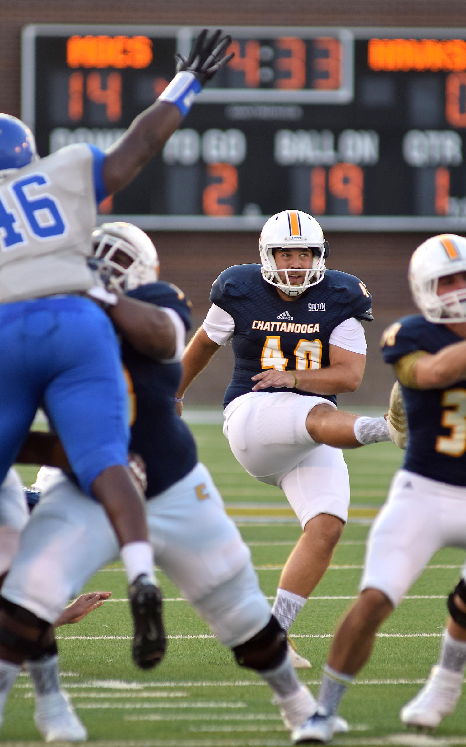 UTC kicker Henrique Ribeiro (40) watches his field goal go through the uprights. The University of Tennessee/Chattanooga Mocs hosted the Shorter University Hawks in NCAA football action on Sept. 1, 2016.