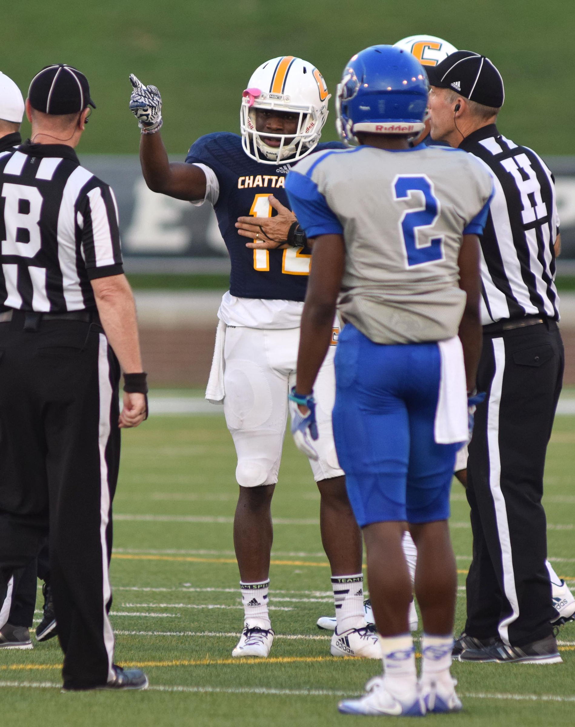 UTC receiver Xavier Borishade (12) signals that the penalty is against Shorter. The University of Tennessee/Chattanooga Mocs hosted the Shorter University Hawks in NCAA football action on Sept. 1, 2016.