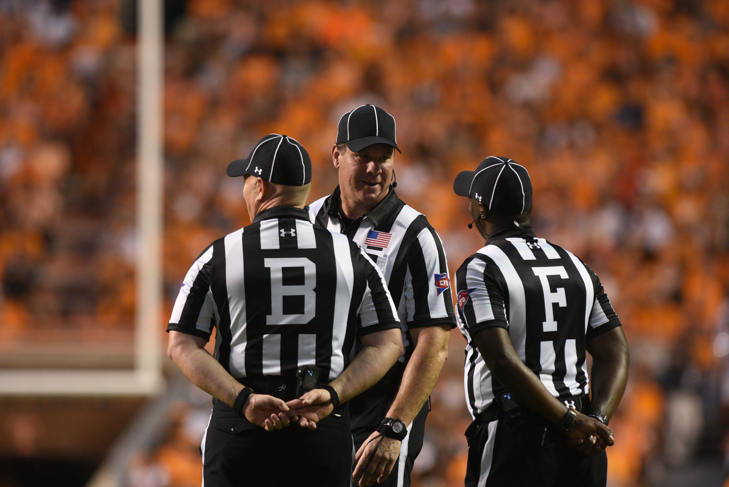 Officials discuss a targeting call against UT's Jalen Reeves-Maybin in the game against Appalachian State Thursday, Sept. 1, 2016 in Neyland Stadium.