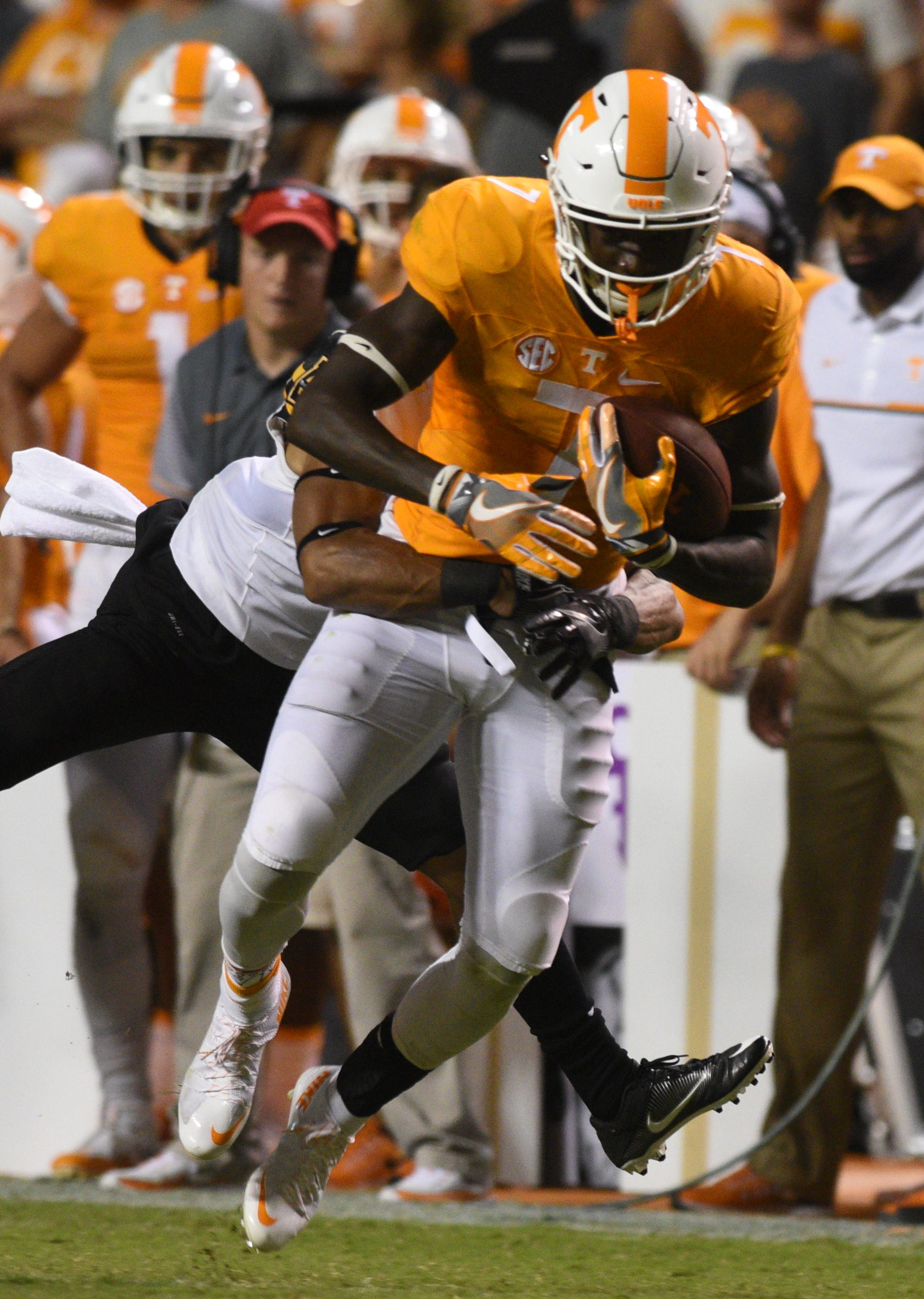 UT's Preston Williams is tackled by Appalachian State's Appalachian State defensive back Clifton Duck (22) Thursday, Sept. 1, 2016 in Neyland Stadium.