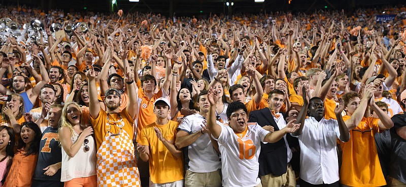 UT fans celebrate the overtime win against Appalachian State Thursday, Sept. 1, 2016 in Neyland Stadium.