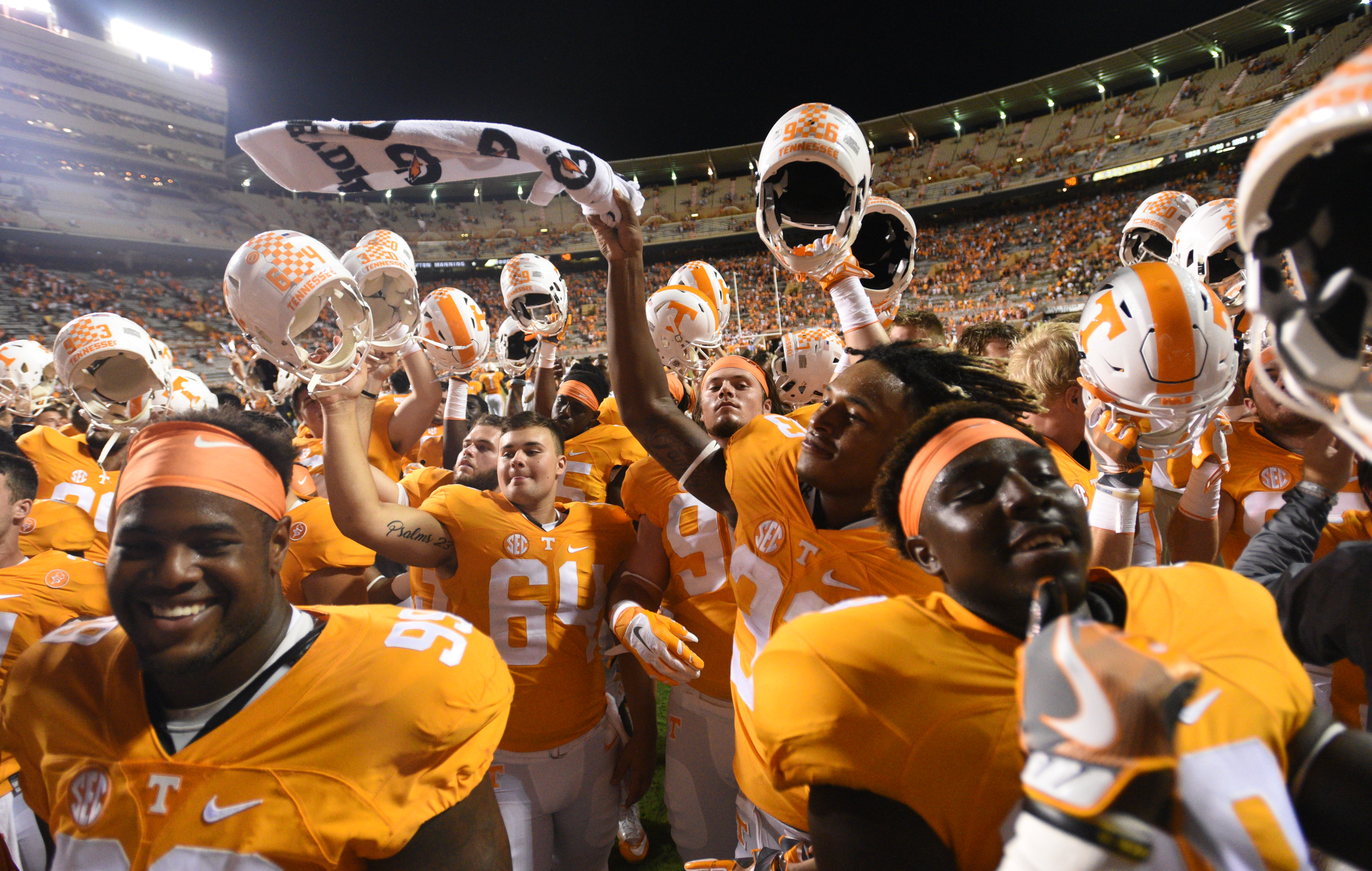 UT players celebrate their overtime win against Appalachian State Thursday, Sept. 1, 2016 in Neyland Stadium.