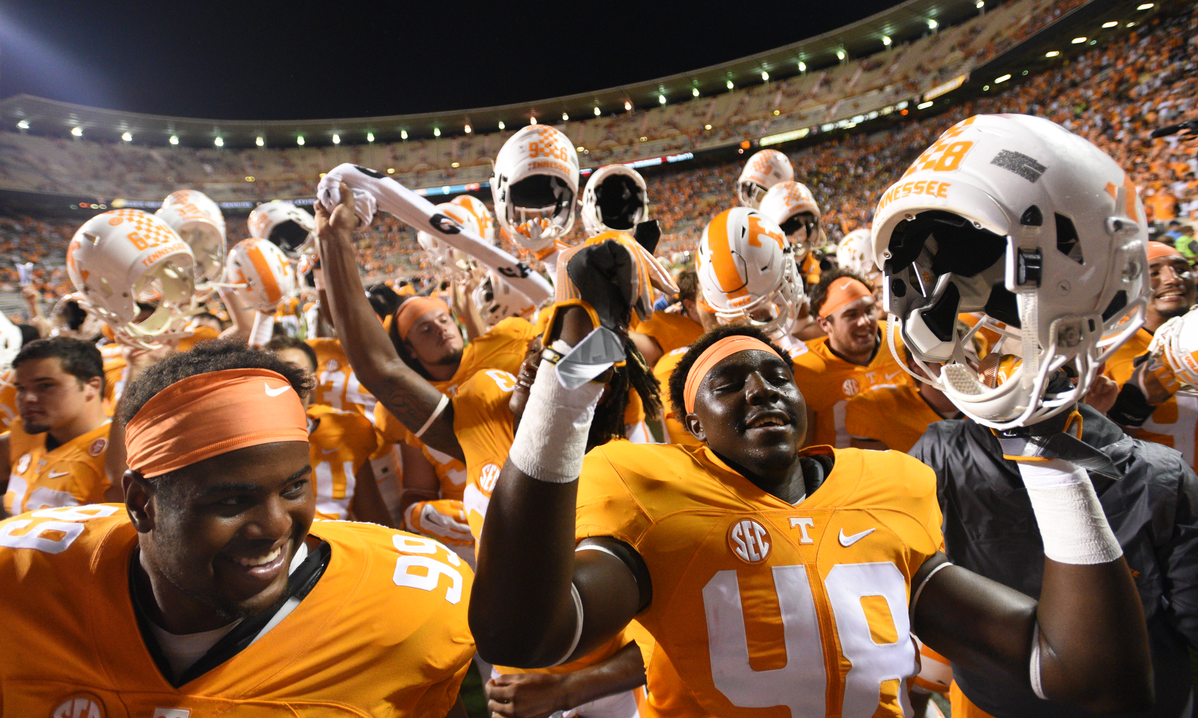 UT players celebrate their overtime win against Appalachian State Thursday, Sept. 1, 2016 in Neyland Stadium.