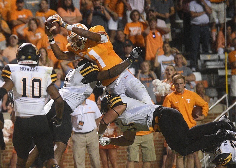 UT quarterback Joshua Dobbs carries toward the goal line in overtime, but fumbles the ball. It was recovered by Jalen Hurd, who scored the winning touchdown in the gam against Appalachian State Thursday, Sept. 1, 2016 in Neyland Stadium.