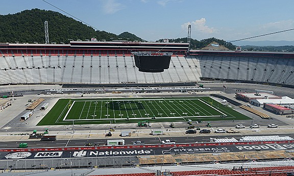 Preparation continues in the transformation of Bristol (Tenn.) Motor Speedway to a college football stadium in this Aug. 29 photo. This Saturday night's "Battle at Bristol" between Tennessee and Virginia Tech could smash the NCAA single-game attendance record.